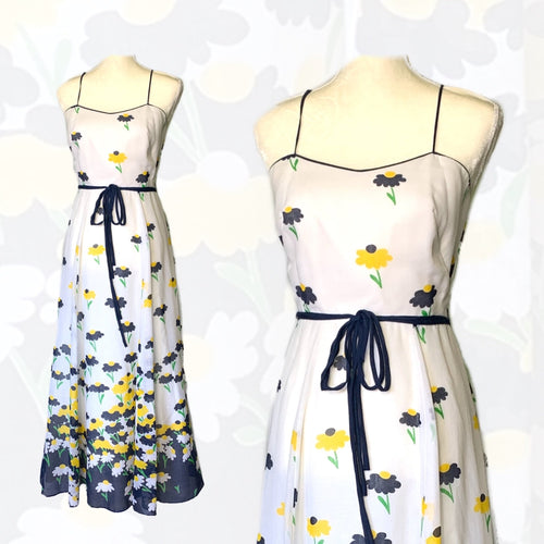 1960s Floral Summer Maxi Dress by Miss Elliette with Capelet. Blue and Yellow Daisies Flower Pattern. - Scotch Street Vintage