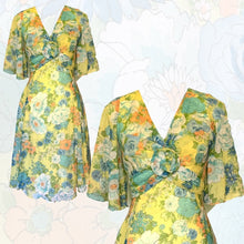 Load image into Gallery viewer, 1960s Floral Summer Midi Dress by Miss Elliette with a Green, Blue and Yellow Floral Design. - Scotch Street Vintage