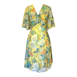 1960s Floral Summer Midi Dress by Miss Elliette with a Green, Blue and Yellow Floral Design. - Scotch Street Vintage