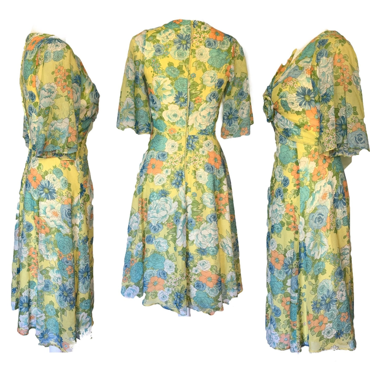 1960s Floral Summer Midi Dress by Miss Elliette with a Green, Blue and