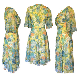 1960s Floral Summer Midi Dress by Miss Elliette with a Green, Blue and Yellow Floral Design. - Scotch Street Vintage