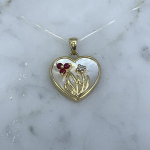 1960s Heart Shaped Mother of Pearl Pendant with Diamond and Ruby Flowers set in 10k Yellow Gold. - Scotch Street Vintage