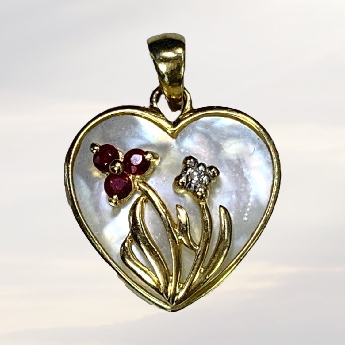 1960s Heart Shaped Mother of Pearl Pendant with Diamond and Ruby Flowe