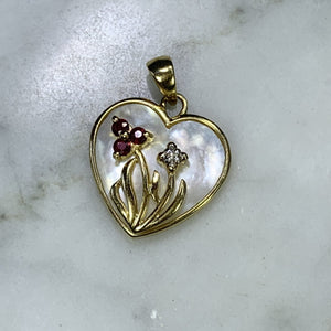 1960s Heart Shaped Mother of Pearl Pendant with Diamond and Ruby Flowers set in 10k Yellow Gold. - Scotch Street Vintage