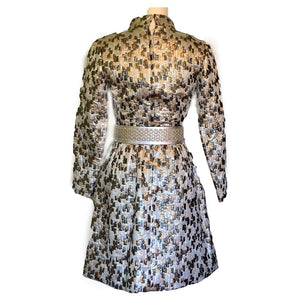 1960s Metallic GoGo Mini Dress by Sandra Sage. Perfect Party Dress. Silver and Gold Color Blocking. - Scotch Street Vintage