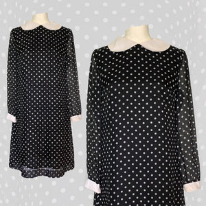 1960s Mod Babydoll Dress in Black Georgette with White Polka Dots. Instant Classic Party Dress. - Scotch Street Vintage