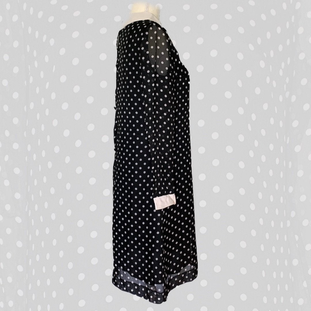 1960s Mod Babydoll Dress in Black Georgette with White Polka Dots. Ins 1960s Mod Babydoll Dress in Black Georgette with White Polka Dots. Ins