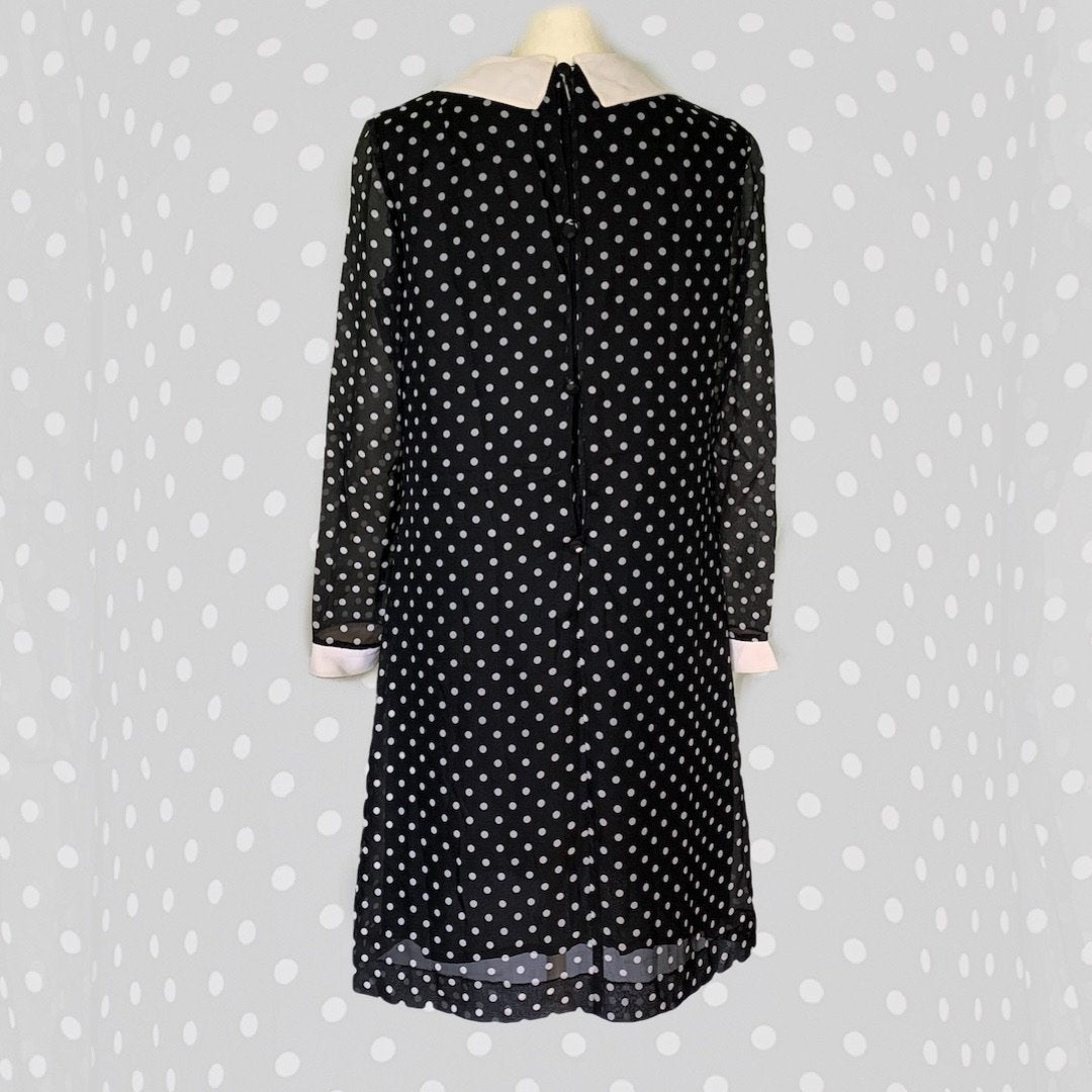 1960s Mod Babydoll Dress in Black Georgette with White Polka Dots. Ins 1960s Mod Babydoll Dress in Black Georgette with White Polka Dots. Ins