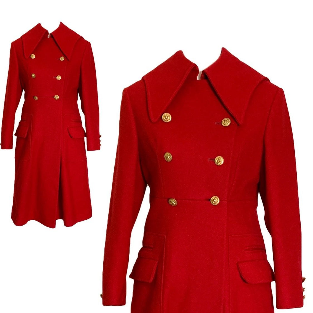 1960s Red Wool Coat by Preen. Warm Winter Coat. Military and Sailor Styling. Vintage Clothing. - Scotch Street Vintage