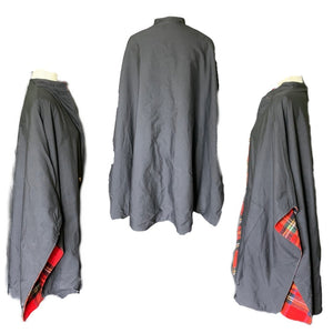 1960s Reversible Wool Poncho Cape in Red Tartan Plaid and Black Cotton. Two in one! - Scotch Street Vintage