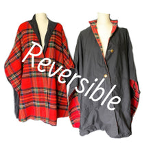 Load image into Gallery viewer, 1960s Reversible Wool Poncho Cape in Red Tartan Plaid and Black Cotton. Two in one! - Scotch Street Vintage