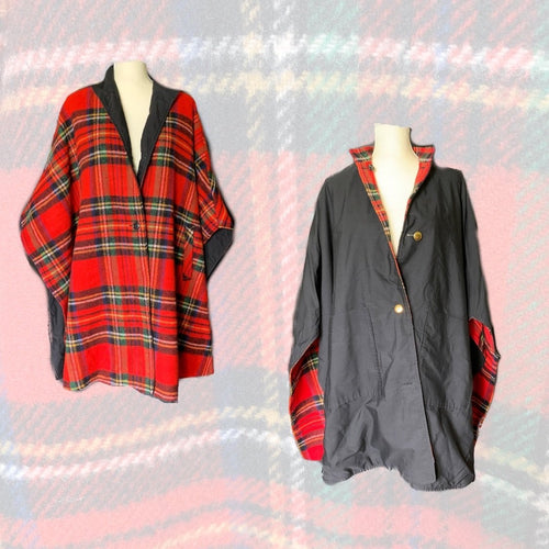 1960s Reversible Wool Poncho Cape in Red Tartan Plaid and Black Cotton. Two in one! - Scotch Street Vintage