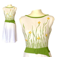 Load image into Gallery viewer, 1960s White Linen Dress with a Yellow and Green Floral Design from Cover Girl Miami. - Scotch Street Vintage