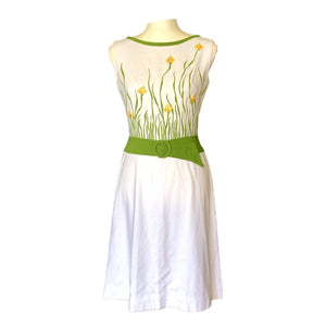 1960s White Linen Dress with a Yellow and Green Floral Design from Cover Girl Miami. - Scotch Street Vintage