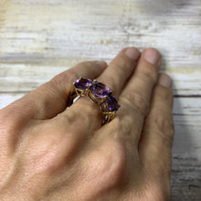 Load image into Gallery viewer, 1970s Amethyst Ring with Three Bright Purple Gemstones set in Yellow Gold. February Birthstone. - Scotch Street Vintage