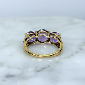 1970s Amethyst Ring with Three Bright Purple Gemstones set in Yellow Gold. February Birthstone. - Scotch Street Vintage