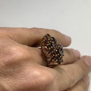 1970s Bohemian Garnet Cluster Ring in Yellow Gold. Statement Cocktail Right Hand Ring. - Scotch Street Vintage