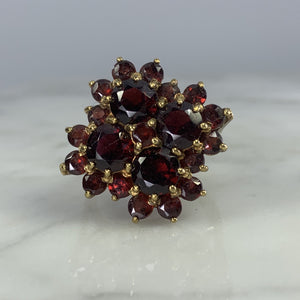 1970s Bohemian Garnet Cluster Ring in Yellow Gold. Statement Cocktail Right Hand Ring. - Scotch Street Vintage