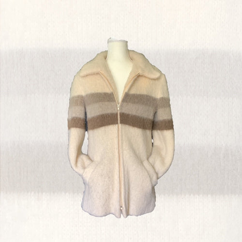 1970s Cream Wool Sweater Jacket by Eddie Bauer. Zip Up Cardigan with Gray Stripes. Sustainable Clothing. - Scotch Street Vintage