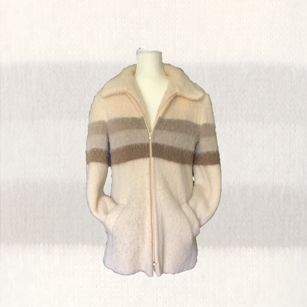 1970s Cream Wool Sweater Jacket by Eddie Bauer. Zip Up Cardigan with Gray Stripes. Sustainable Clothing. - Scotch Street Vintage