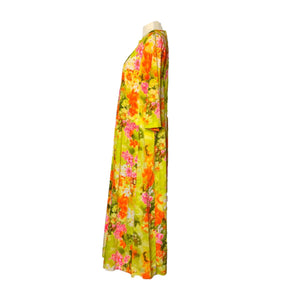 1970s Hawaiian Floral Maxi Dress in Bright Yellows Oranges Pinks and Greens. Perfect Festival Dress. - Scotch Street Vintage