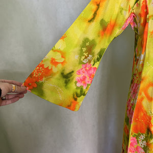 1970s Hawaiian Floral Maxi Dress in Bright Yellows Oranges Pinks and Greens. Perfect Festival Dress. - Scotch Street Vintage
