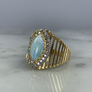 1970s Opal and Diamond Halo Statement Ring in a Large 14K Yellow Gold Setting. - Scotch Street Vintage