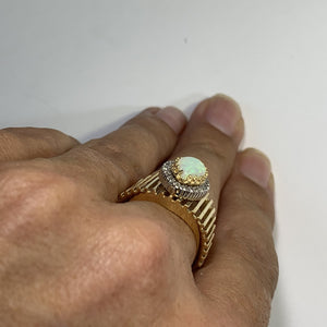 1970s Opal and Diamond Halo Statement Ring in a Large 14K Yellow Gold Setting. - Scotch Street Vintage