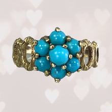 Load image into Gallery viewer, 1970s Turquoise Flower Ring in Yellow Gold. Boho Chic Cluster Floral Setting. December Birthstone. - Scotch Street Vintage