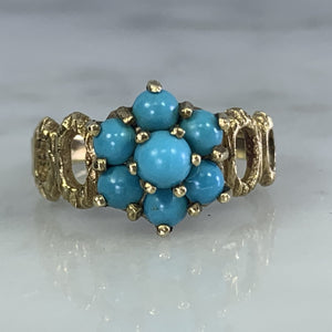 1970s Turquoise Flower Ring in Yellow Gold. Boho Chic Cluster Floral Setting. December Birthstone. - Scotch Street Vintage