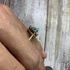 1970s Turquoise Ring in Yellow Gold. Boho Cluster Flower. Estate Jewelry. December Birthstone. - Scotch Street Vintage