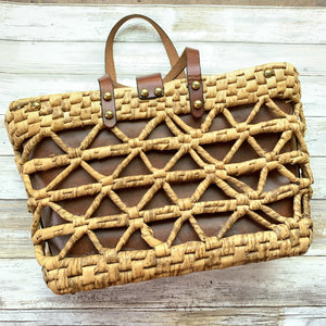 1970s Woven Straw and Leather Tote Style Purse by John Romain. Market or Beach Bag. - Scotch Street Vintage