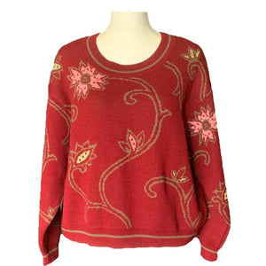 1980s Red Wool Sweater with Pink Floral Design by United Colors of Benetton. Sustainable Fall Fashion. - Scotch Street Vintage