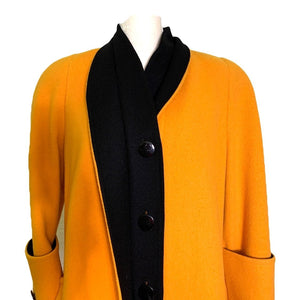 1980s Yellow Wool Coat by Ilie Wacs. Bold and Oversized with Black Collar and Button Accents. - Scotch Street Vintage