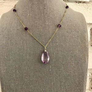 Antique Amethyst Necklace with Drop Pendant and Beads set in 14K Yellow Gold. February Birthstone. - Scotch Street Vintage