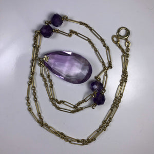 Antique Amethyst Necklace with Drop Pendant and Beads set in 14K Yellow Gold. February Birthstone. - Scotch Street Vintage