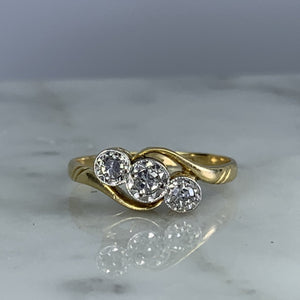 Antique Art Deco Diamond Engagement Ring in 18K Yellow Gold. Past Present and Future Trilogy Ring - Scotch Street Vintage