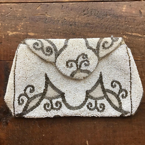 Antique Art Nouveau Beaded Clutch. Cream and Gold Evening Bag. Belgium Handbag. - Scotch Street Vintage