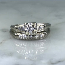 Load image into Gallery viewer, Antique Diamond Bridal Set. Engagement Ring and Wedding Band. 14K White Gold. Size 6 - Scotch Street Vintage
