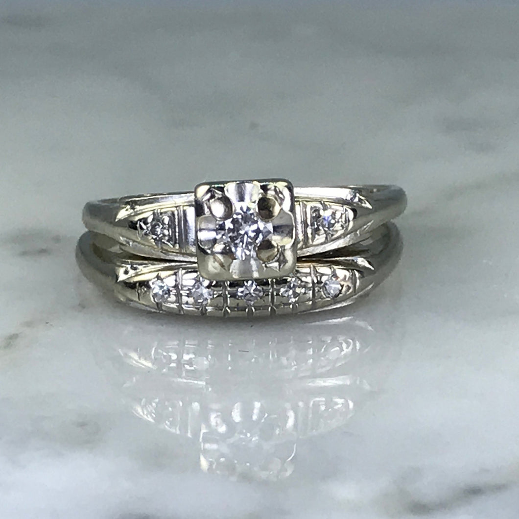 Antique Diamond Bridal Set. Engagement Ring and Wedding Band. 14K White Gold. Size 6 - Scotch Street Vintage