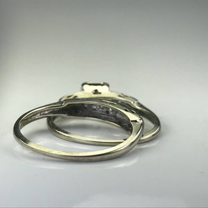 Antique Diamond Bridal Set. Engagement Ring and Wedding Band. 14K White Gold. Size 6 - Scotch Street Vintage