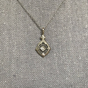 Antique Diamond Pendant. 10K White Gold Art Deco Filigree. April Birthstone. 10th Anniversary Gift. - Scotch Street Vintage