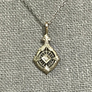 Antique Diamond Pendant. 10K White Gold Art Deco Filigree. April Birthstone. 10th Anniversary Gift. - Scotch Street Vintage
