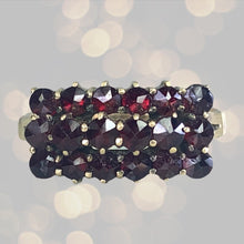 Load image into Gallery viewer, Antique Garnet Cluster Ring set in 10k Yellow Gold. January Birthstone in an Old Hollywood Glam Style. - Scotch Street Vintage