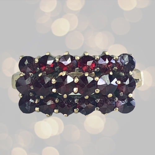 Antique Garnet Cluster Ring set in 10k Yellow Gold. January Birthstone in an Old Hollywood Glam Style. - Scotch Street Vintage
