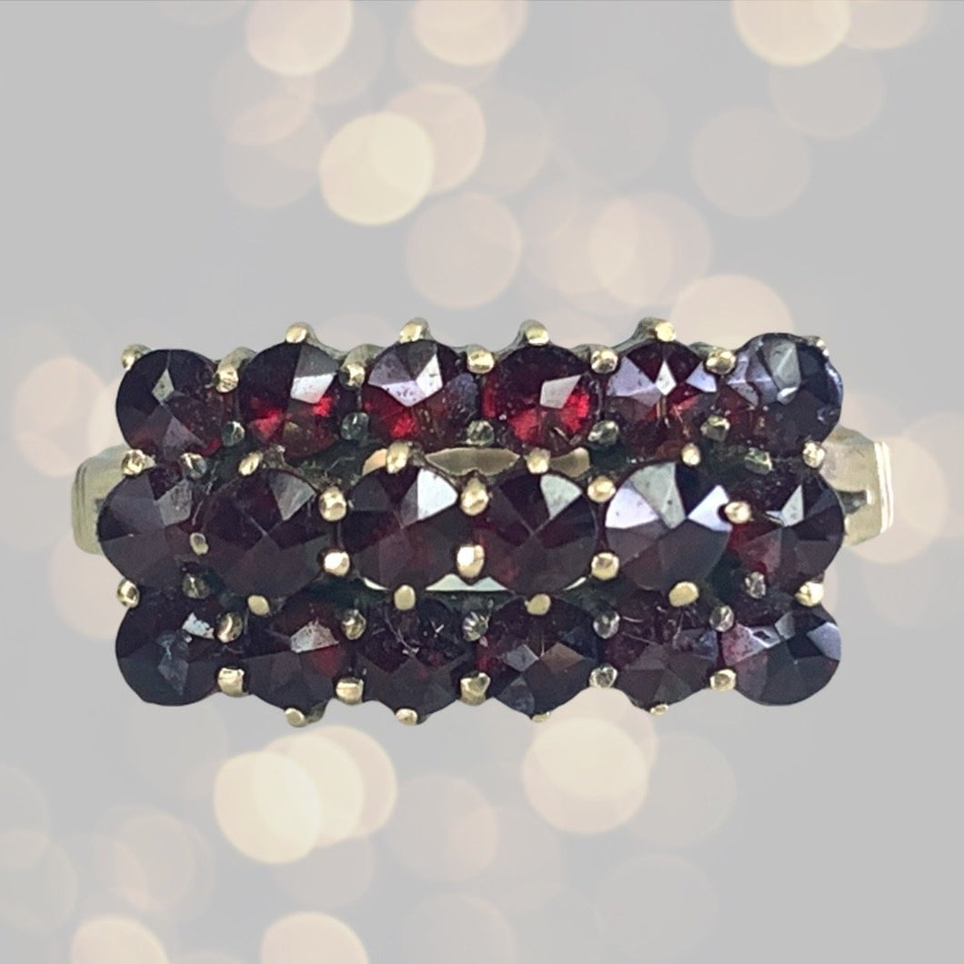 Antique Garnet Cluster Ring set in 10k Yellow Gold. January Birthstone in an Old Hollywood Glam Style. - Scotch Street Vintage