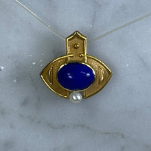 Load image into Gallery viewer, Antique Lapis and Seed Pearl Evil Eye Pendant in 18K Yellow Gold. Upcycled Repurposed Hatpin. - Scotch Street Vintage