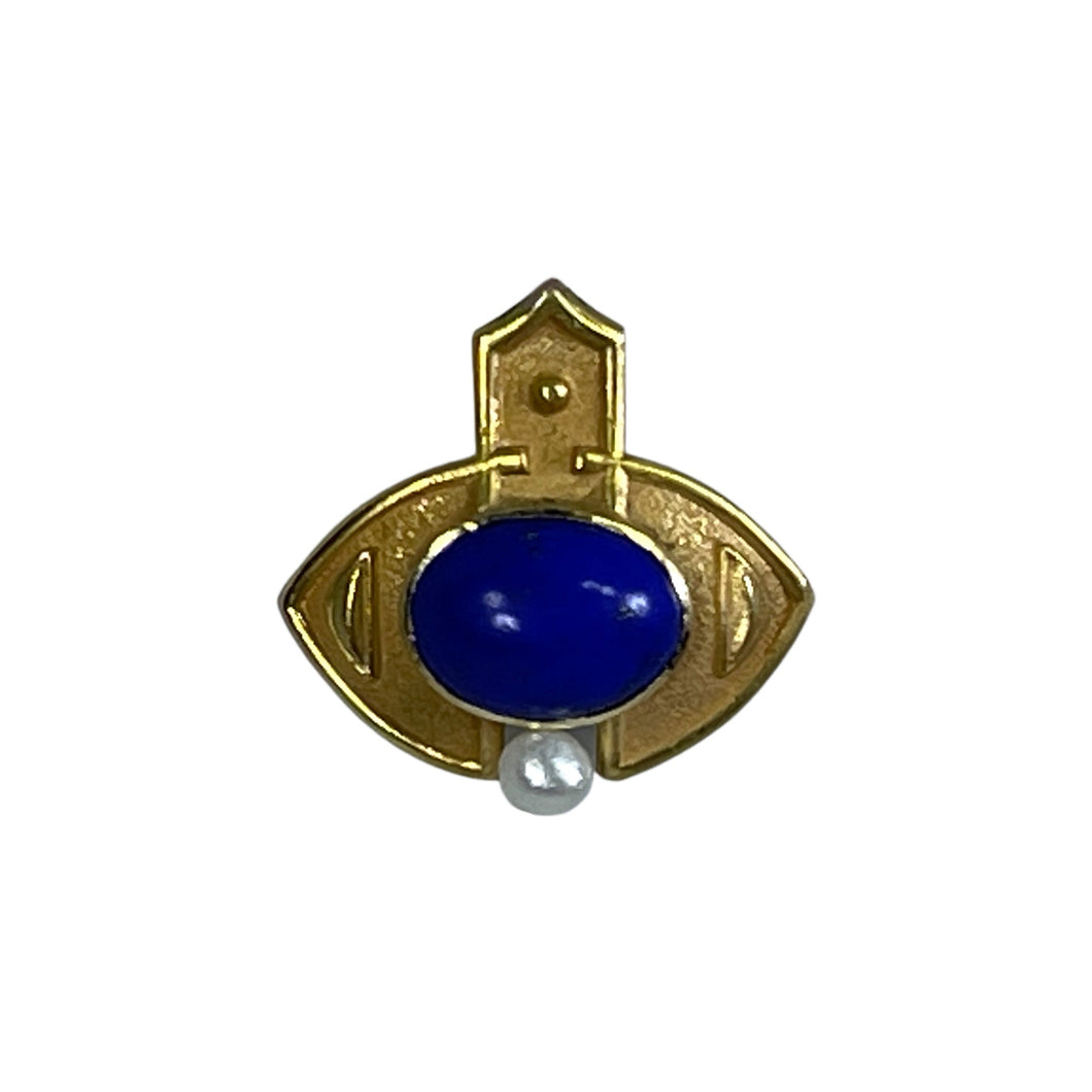 Antique Lapis and Seed Pearl Evil Eye Pendant in 18K Yellow Gold. Upcycled Repurposed Hatpin. - Scotch Street Vintage