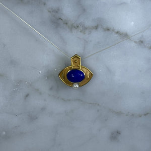 Antique Lapis and Seed Pearl Evil Eye Pendant in 18K Yellow Gold. Upcycled Repurposed Hatpin. - Scotch Street Vintage