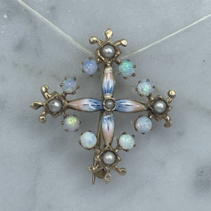 Antique Opal and Enamel Pendant or Brooch in 14k Yellow Gold Floral Design. Perfect Something Old. - Scotch Street Vintage